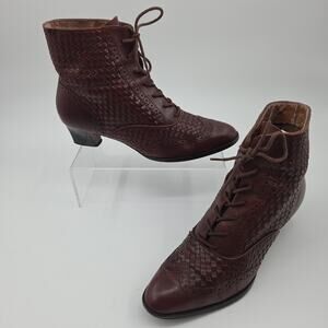 Vtg Nicole Brown Woven Leather Granny Boots Size 7M Lace Up Boho Steampunk 90s